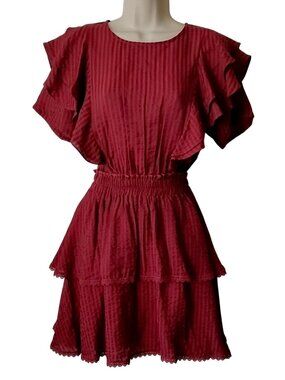 NWOT Shabby Chic Striped Ruffled Tiered Mini Dress S Burgundy Red